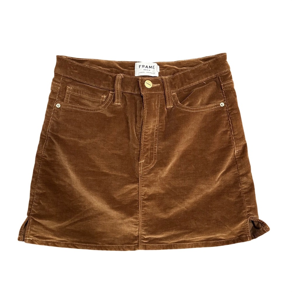 Frame Denim Brown Corduroy Mini Skirt Size 27 High Rise 5-Pocket Side Slit